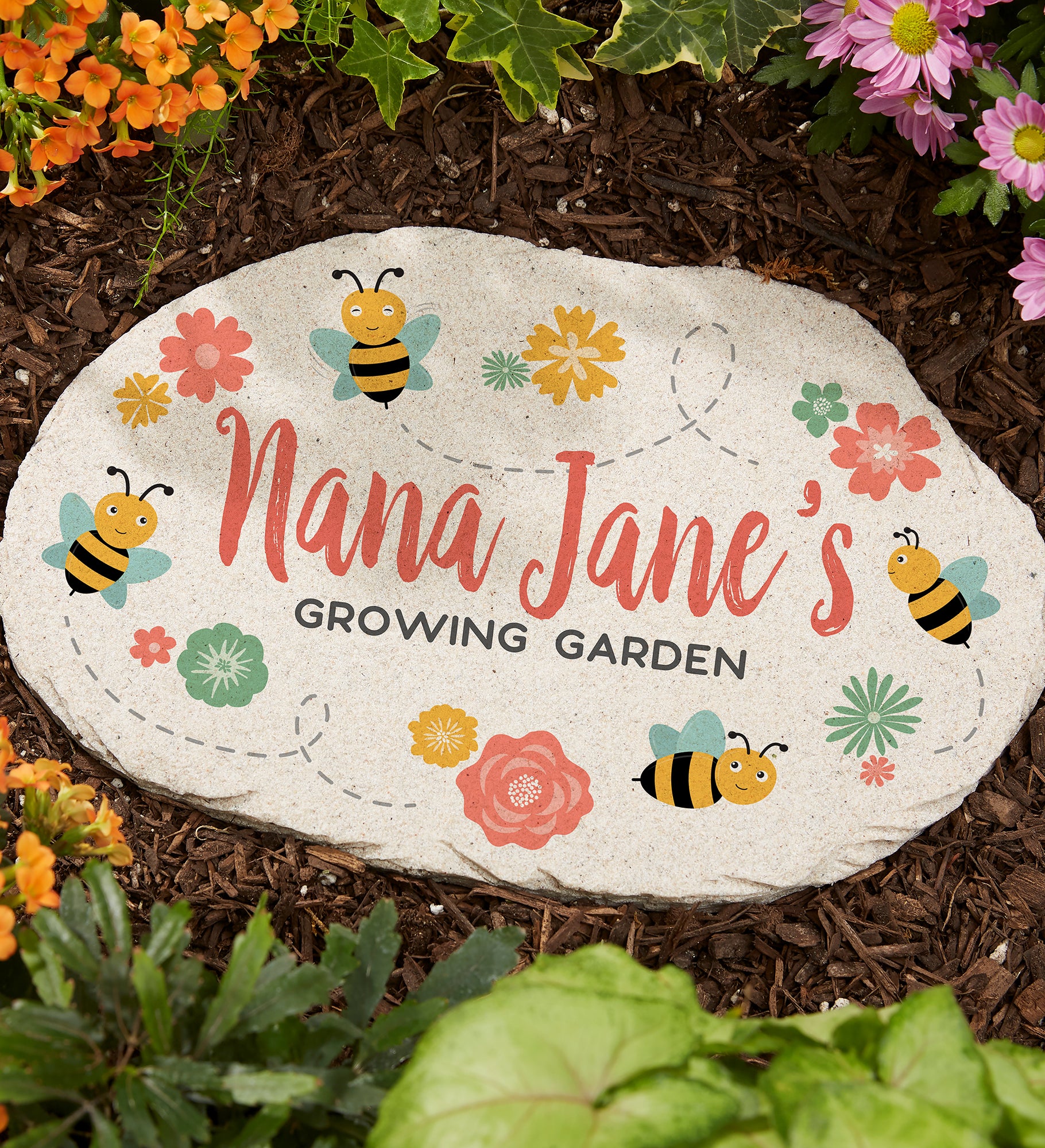 Grandma&#39;s Bee Happy Garden Personalized Round Garden Stone